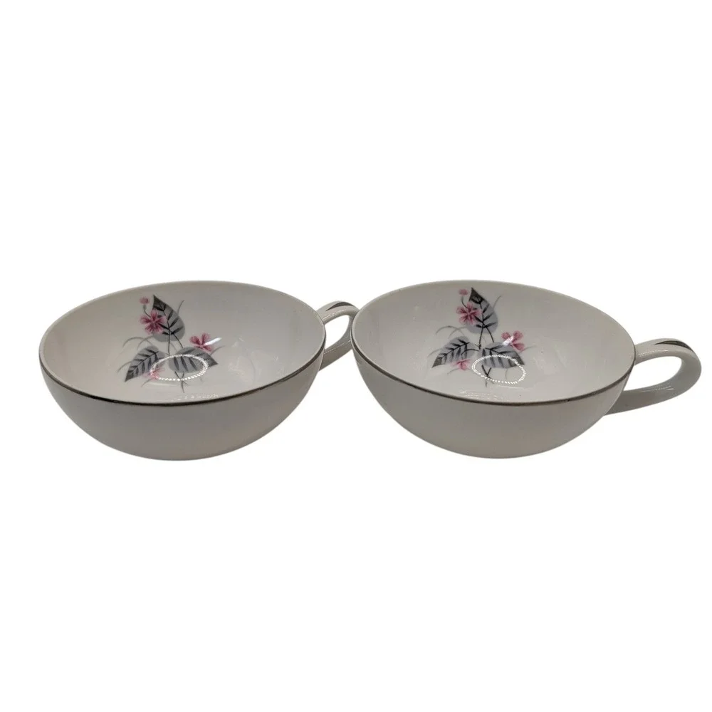 Vintage Narumi Teacups Lyric  Pink Gray Flower Bone China Mid Century Set of Two